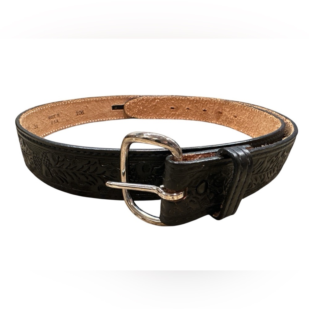EMBOSSED WESTERN MENS LEATHER BLK COWHIDE COWBOY BELT FLORAL ROPING ZIP MADE USA